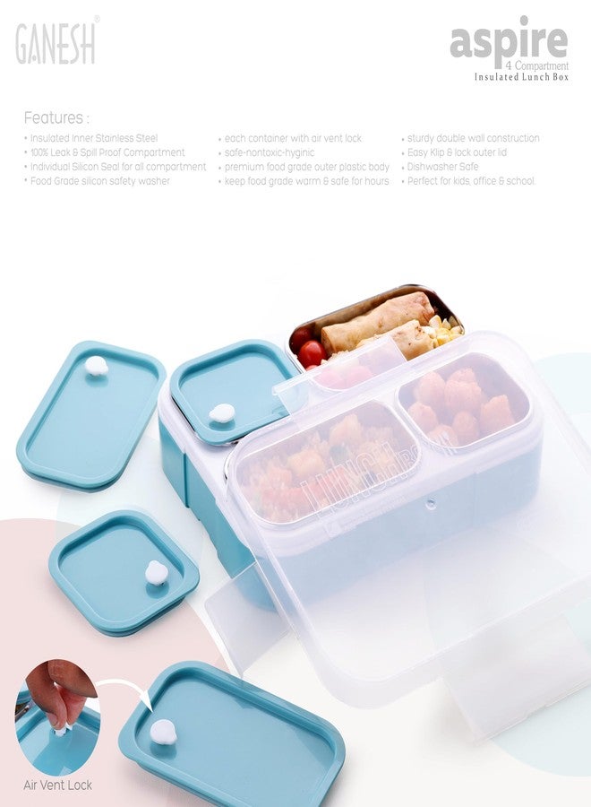 Ganesh Aspire 4 Compartment Stainless Steel Lunch Box Sealed Leakage Proof Lunch Box for Office School etc 500ml-Peach - Image 4